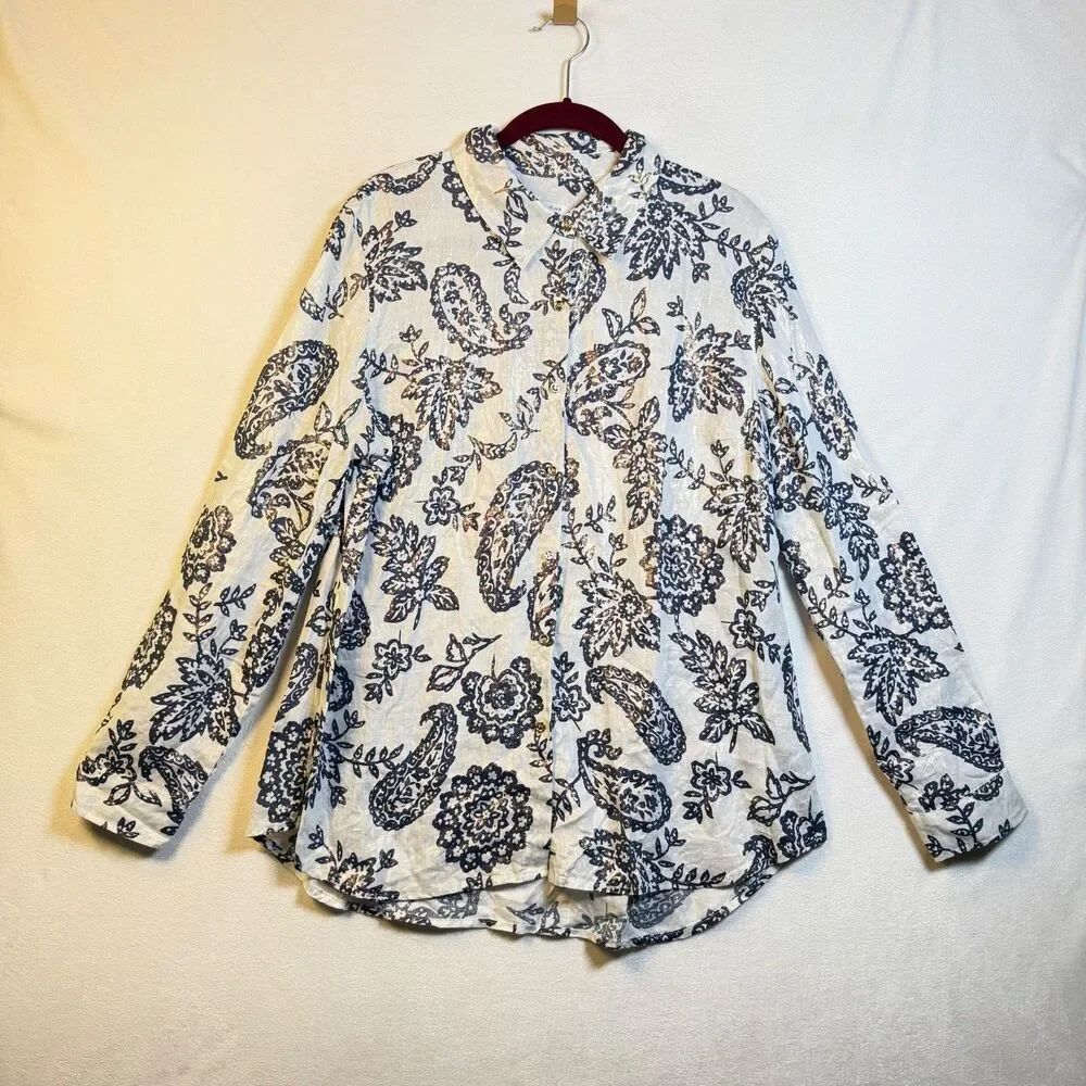 Charter Club Linen Shirt XL Blue Paisley Floral Roll Tab Button Down